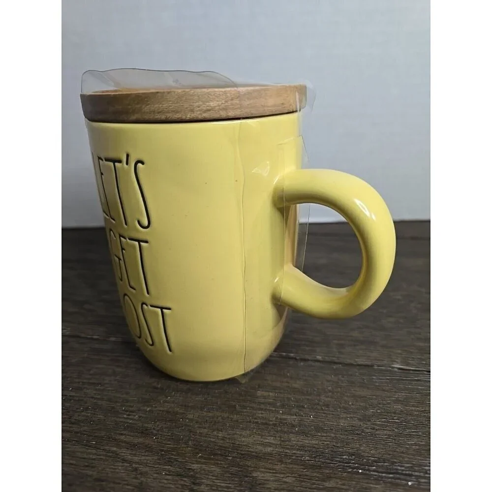 NWT Rae Dunn Artisan Let's Get Lost Yellow Ceramic Mug Wood Lid Coaster